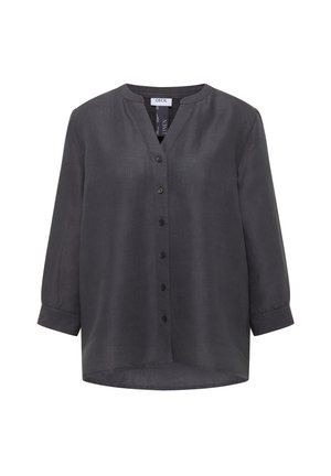 Tmavě šedá lněná blůza s dlouhým rukávem, mandlovým límečkem, zapínáním na knoflíky vpředu a mírně zakřiveným lemem.
