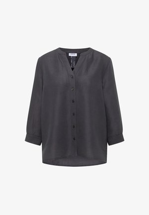 Ciemnoszara lniana bluzka z długim rękawem, stójką w stylu mandaryńskim, zapinana na guziki z przodu, z lekko zaokrąglonym dołem.