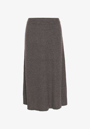 Grauer Rippstrick-Midirock mit schmalem Bund und seitlichem Schlitz. Weicher Stoff mit schwingender Silhouette, geeignet für verschiedene Anlässe.