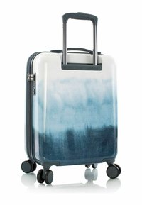 Hard-shell suitcase with a white-to-blue gradient pattern, telescopic handle, four wheels, and a zipper closure. Smooth, glossy finish.