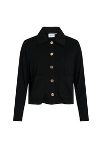 Svart kort jacka med krage, med knäppning fram och två framfickor. Gyllene knappar ger kontrast till tygtexturen.