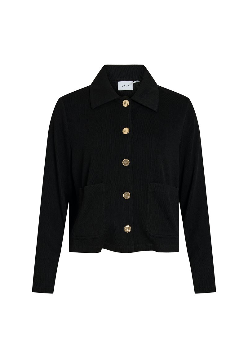 Svart kort jacka med krage, med knäppning fram och två framfickor. Gyllene knappar ger kontrast till tygtexturen.