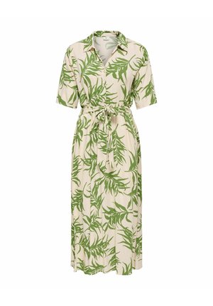 Vestito midi beige con stampa a foglie verdi, maniche corte, bottoni sul davanti, colletto e cintura da annodare in vita.
