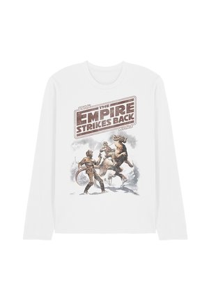 Weißes Langarmshirt mit dem Text "Star Wars The Empire Strikes Back" und einer Illustration von zwei Figuren mit einem Tauntaun in einer verschneiten Landschaft.