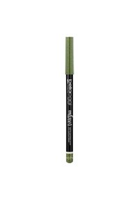 Eyeliner a matita verde glitter con un cappuccio verde testurizzato, un corpo nero con testo bianco e una punta colorata che corrisponde al cappuccio.