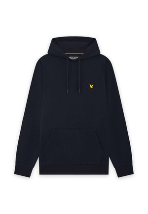 Felpa con cappuccio blu navy con tasca frontale a marsupio, cappuccio con coulisse e piccolo logo di uccello ricamato giallo sul petto.