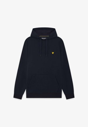 Felpa con cappuccio blu navy con tasca frontale a marsupio, cappuccio con coulisse e piccolo logo di uccello ricamato giallo sul petto.