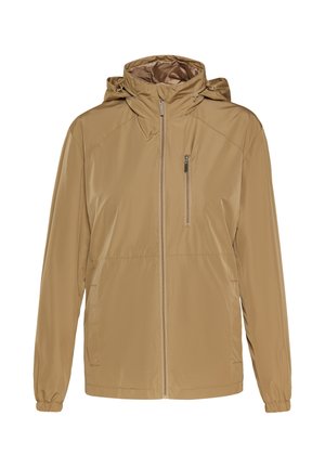 Light brown jacket with a hood, made of smooth, lightweight material. Features a front zipper, elastic cuffs, and side pockets.