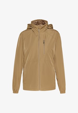 Light brown jacket with a hood, made of smooth, lightweight material. Features a front zipper, elastic cuffs, and side pockets.