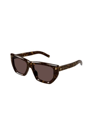 Occhiali da sole Gucci con montatura tartarugata, lenti marroni, design angolare e dettagli in metallo dorato sulle astine.