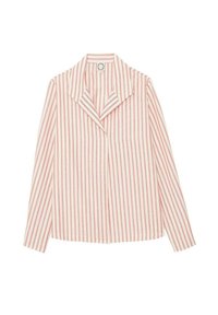 Chemise à rayures rouges et blanches à manches longues avec un col à revers, présentant une coupe ample et une texture lisse.