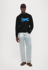 Black sweatshirt featuring a blue graphic of a leaping dog, paired with light blue denim jeans showcasing a white dog outline on the back. Brown sneakers.