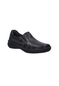 Schwarzer Leder-Slipper mit elastischen Seitenpaneelen, gesteppten Details und Gummisohle. Glatte Textur und rundes Design der Zehenpartie.