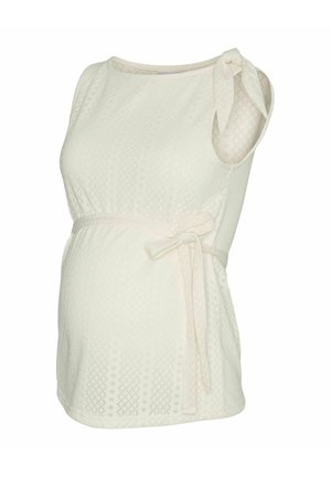 Kreemjas varrukateta raseduspluus tekstuurse rombimustriga, külgedel lipsud vöö all ja üks õlgade juures asuv pael detail.