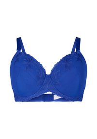 Blue bra with molded cups, floral embroidery on the top, and scalloped lace trim. Adjustable straps and a hook-and-eye closure at the back.