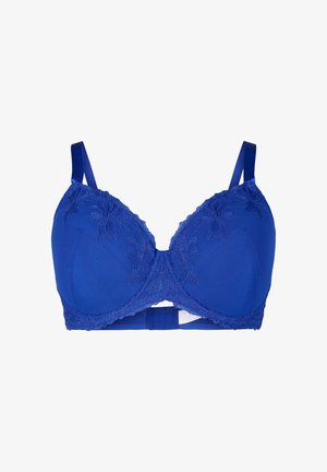 Soutien-gorge bleu avec bonnets moulés, broderie florale sur le dessus et bordure en dentelle festonnée. Bretelles ajustables et fermeture à crochet et œillet à l'arrière.