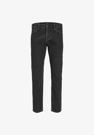 Black denim jeans with a straight leg design, five pockets, and belt loops, featuring a slightly faded texture and contrast stitching.