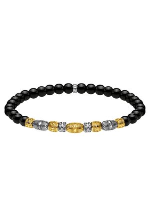 Strækarmbånd med polerede sorte perler og vekslende guld- og sølvteksturerede cylindriske accenter.