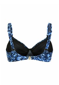 Blå bh med blommönster, nätdetaljer, svarta accenter, justerbara axelband och en metallisk låsning bak.