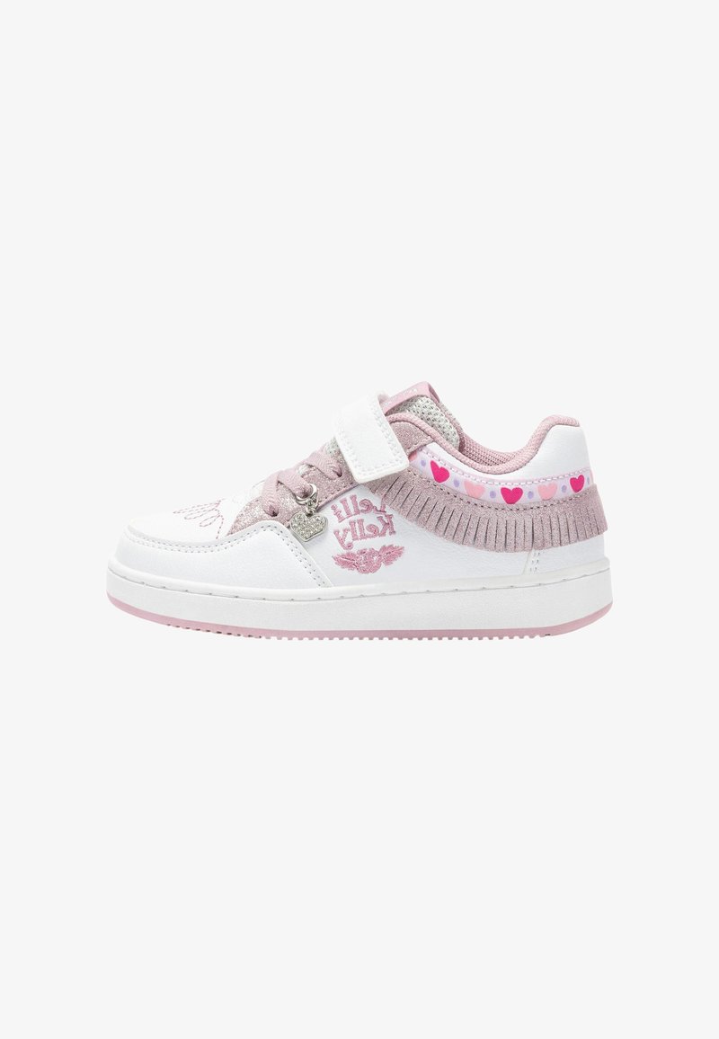 Sneaker bianca con accenti rosa, dotata di una fascia in velcro, lacci frontali, cuori ricamati e un pannello posteriore testurizzato.