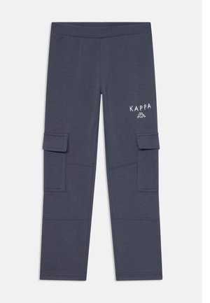 Pantalons cargo bleu marine avec deux poches latérales, taille élastique et logo "KAPPA" brodé. Fabriqués en tissu doux et extensible.