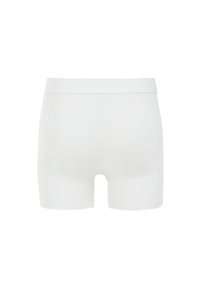 Boxers en coton blanc avec une taille élastique, présentant une texture lisse et un design minimaliste, incluant des détails de couture subtils.
