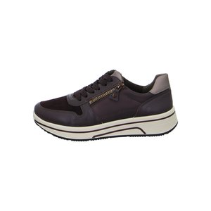 Dark brown leather sneaker with beige sole, lace-up front, and side zipper for easy wear, shown in profile on white background.