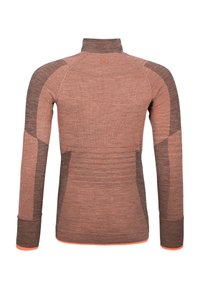 Long-sleeve top in brown with lighter brown accents. Features a high neckline, fitted design, and contrasting orange trim along the hem and cuffs.