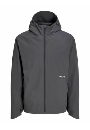 Tumehall kapuutsiga jope ees lukuga, reguleeritavate nööridega kapuutsil, lukuga küljetaskutega ja „aprel“ logoga rinnal.