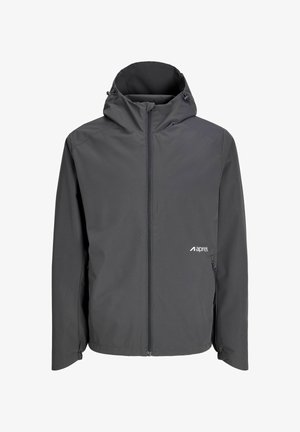 Tumehall kapuutsiga jope ees lukuga, reguleeritavate nööridega kapuutsil, lukuga küljetaskutega ja „aprel“ logoga rinnal.