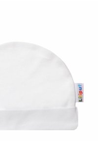 White cotton beanie with a rounded top and a folded cuff. Features a multicolored "Liliput" tag affixed on the side.