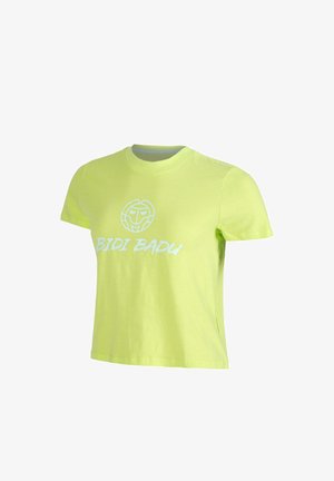 Camiseta corta de color amarillo brillante con mangas cortas, cuello redondo y texto blanco "BIDI BADU" con un logo de cara circular en el pecho.