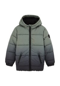 Puffjacka med huva som har en ombre-design som övergår från grön till svart. Den har dragkedja och två sidfickor med dragkedja.