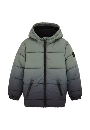 Giacca bomber con cappuccio, caratterizzata da un design ombre che sfuma dal verde al nero. Presenta una chiusura con zip e due tasche laterali con zip.
