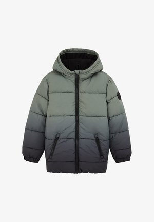 Dūdlinė striukė su kapišonu, turinti ombre dizainą, pereinantį nuo žalios iki juodos. Ji užsegama užtrauktuku ir turi dvi šonines užtrauktuko kišenes.