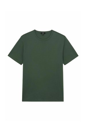 Tricou verde închis cu mâneci scurte și decolteu rotund, design simplu, așezat plan pe fundal alb, eticheta cu mărime vizibilă în interiorul gulerului.