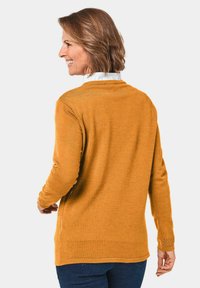 Senf-gelber Pullover mit langen Ärmeln, Rundhalsausschnitt und strukturiertem Strickdetail an den Bündchen. Über einem weißen Hemd mit Kragen getragen.