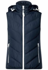 Námořnická prošívaná vesta s vysokým límcem, předním zipem a bílými zipy. Disponuje vzorem ve tvaru chevronu a nastavitelnou kapucí na zdrhovadlo.