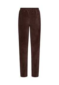 Brune, bløde fleece joggers med elastisk talje og lige ben-design. Glat tekstur uden synlige mønstre eller hardware.