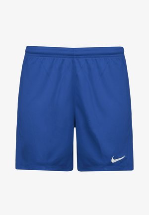 Niebieskie krótkie spodenki sportowe z elastycznym pasem i małym białym logo Nike Swoosh na dolnej części prawej nogawki.
