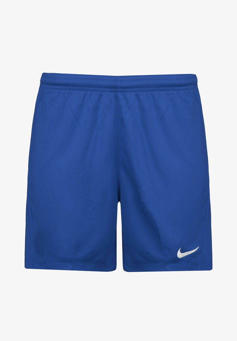 Shorts de sport bleus avec taille élastique et petit logo blanc Nike Swoosh sur la partie inférieure droite de la jambe.