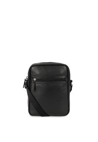 Borsa a tracolla nera in pelle, forma rettangolare, superficie texturizzata, due scomparti con zip, tracolla in tessuto regolabile, design minimalista.