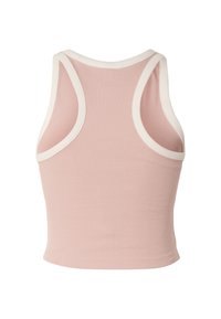 Ροζ crop top χωρίς μανίκια με ριμπ ύφανση και λευκή επένδυση γύρω από τη λαιμόκοψη και τις μασχάλες, εμφανιζόμενο από πίσω.