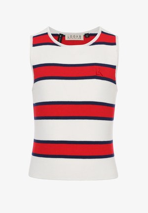Mouwloos gebreid topje met brede horizontale rode, marineblauwe en witte strepen, ronde halslijn en een klein geborduurd logo op de borst.