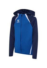 Giacca con cappuccio e zip in blu e blu navy, con dettagli bianchi e una finitura texturizzata. Logo sul petto. Maniche lunghe con polsini elasticizzati.