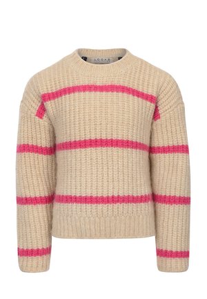 Beige gebreide trui met brede roze strepen, ronde hals en geribbelde manchetten. Grove textuur en een losse pasvorm.