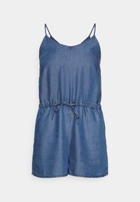 Kombinezon dżinsowy z regulowanymi ramiączkami typu spaghetti, elastyczną talią ze sznurkiem i luźnym krojem. Posiada jednolity, ciemnoniebieski kolor.