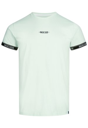 Licht mintgroene korte mouwen t-shirt van katoen, met zwarte accenten en branding langs de mouwen en op de borst.