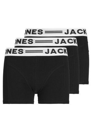 Zwarte katoenen boxershorts met een witte elastische tailleband met het "JACK & JONES"-logo. Drie paar gestapeld met zichtbare stiksels.