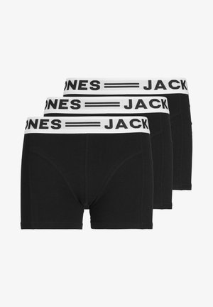 Schwarze Baumwoll-Boxerbriefs mit weißem, elastischem Bund, der das Logo "JACK & JONES" trägt. Drei Paare übereinander gestapelt mit sichtbaren Nähakzenten.